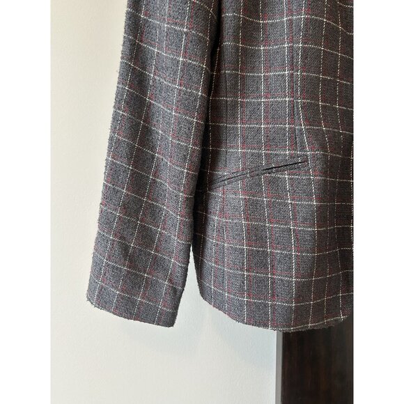 Women's Gray Zip Up Blazer With Red and White Windowpane Detail - Picture 7 of 8